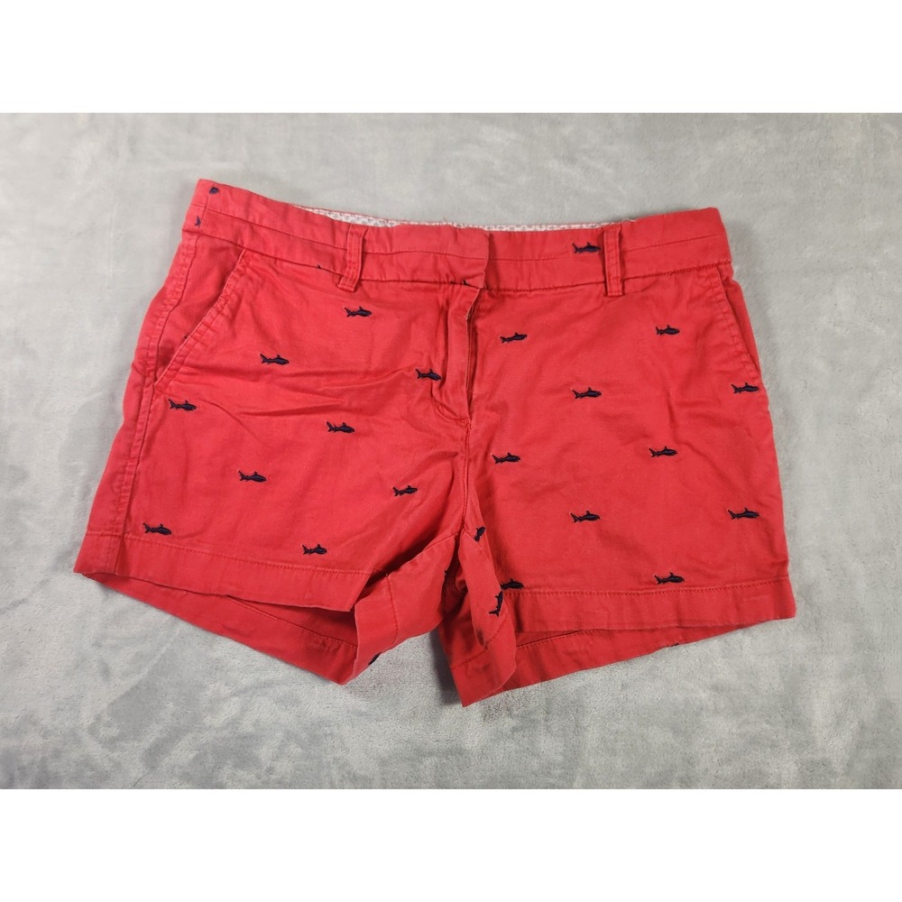 British Khaki Shorts Womens size 8 Redwith Blue Embroidered Sharks 4" inseam
